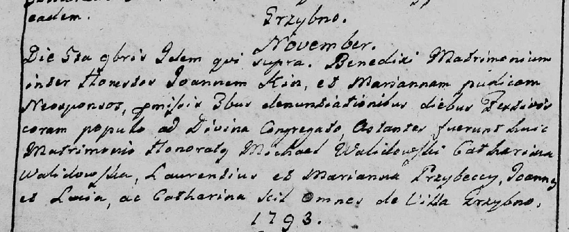 Akt ślubu Jana Kühna (tutaj nazwisko spolszczone – Kin) z Marianną Weimann – Grzybno, 5 listopada 1792 r.