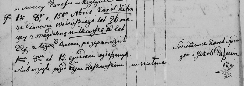 Parkowo, 15 listopada 1829 r.: Akt ślubu Karola Kuhna (tutaj nazwisko zapisane jako „Kihn”) z Magdaleną Witkowską – świadkiem był Karol Szpingier, mój prapraprapradziadek.