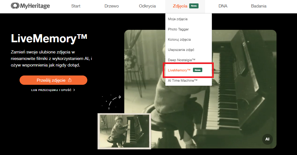 Korzystanie z LiveMemory™ na stronie internetowej MyHeritage (kliknij, aby powiększyć)
