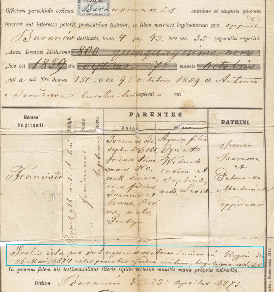 Dopisek na świadectwie chrztu Franciszki Nowak potwierdzający jej pochodzenie z prawego łoża na wskutek późniejszego małżeństwa jej rodziców (kliknij na obrazek, aby powiększyć)