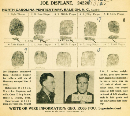 List gończy dla Joe Displane, oskarżonego o rozbój, 3 listopada 1930