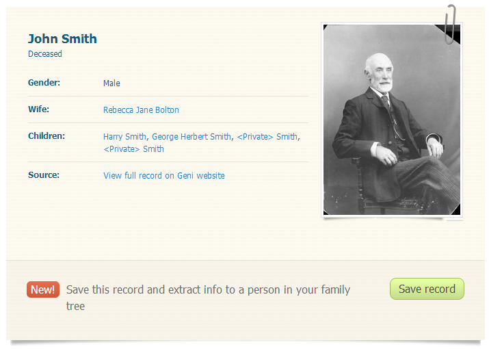 Przykład profilu z Geni w MyHeritage SuperSearch