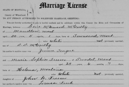 Akt małżeństwa Marie Freeser's z Montany, County Marriages, 1865-1950