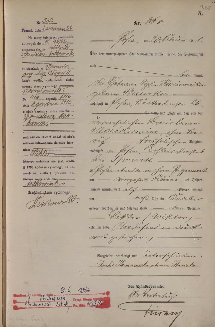 Akt urodzenia Wiktora Maćkiewicza alias Kowalskiego, finalnie Antkowiaka, Archiwum Państwowe w Poznaniu