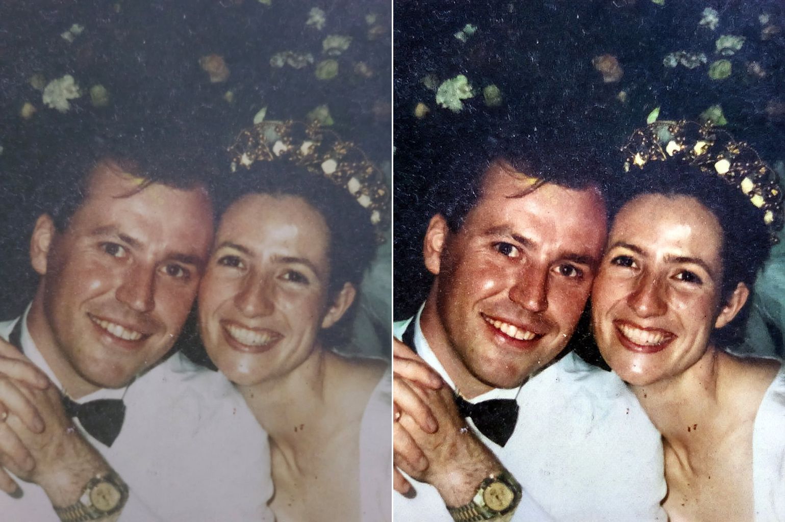 Peter Sykes i jego żona w dniu ślubu. Zdjęcie ulepszone i kolory przywrócone na MyHeritage