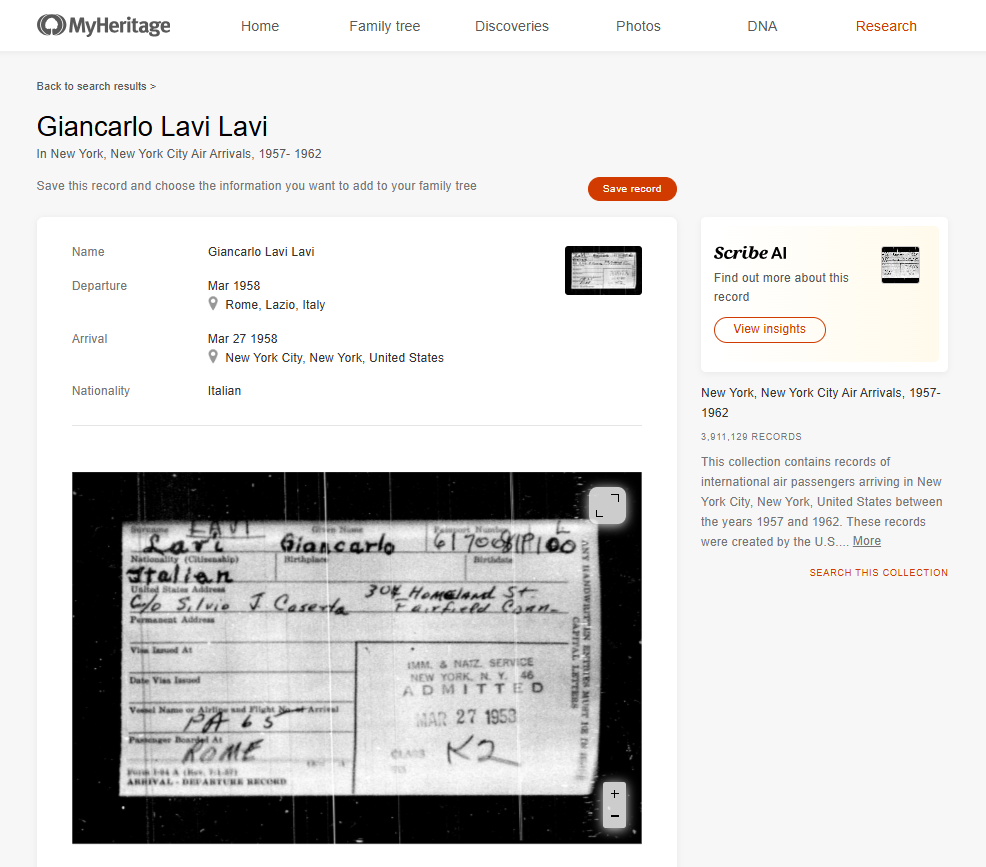 Zapis na MyHeritage dotyczący przybycia Carlo do USA w 1958 roku