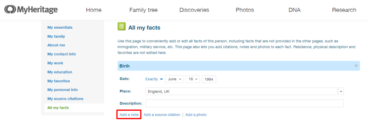 Dodawanie notki do faktu na MyHeritage