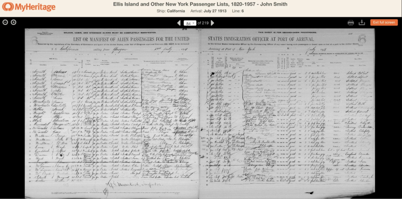 Przykład  rekordu w Ellis Island i innych listach pasażerów z Nowego Jorku, 1820-1957