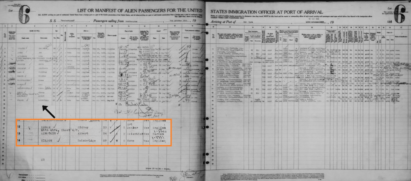 Zapis przyjazdu Alberta Einsteina do USA, z kolekcji Ellis Island and Other New York Passenger Lists na MyHeritage