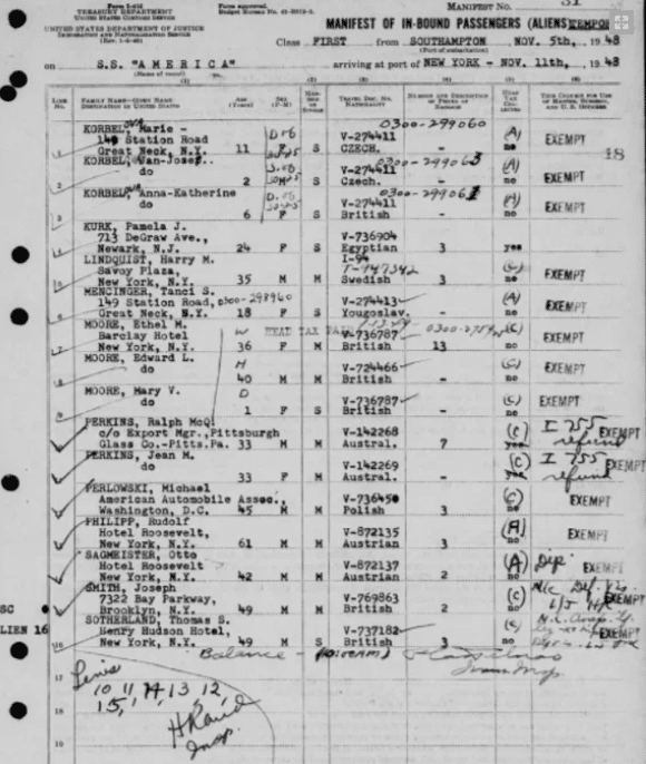 Zapis przyjazdu Madeleine Albright do USA z kolekcji Ellis Island and Other New York Passenger Lists na MyHeritage