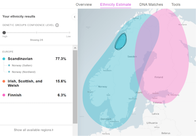 Przykład wyników klienta MyHeritage DNA z Norwegii. Dwie grupy genetyczne wskazują, że jego przodkowie pochodzą z bardzo konkretnego obszaru w Norwegii (kliknij, aby powiększyć)
