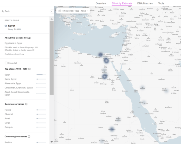 Grupa genetyczna określająca pochodzenie użytkownika MyHeritage w Egipcie (kliknij, aby powiększyć)