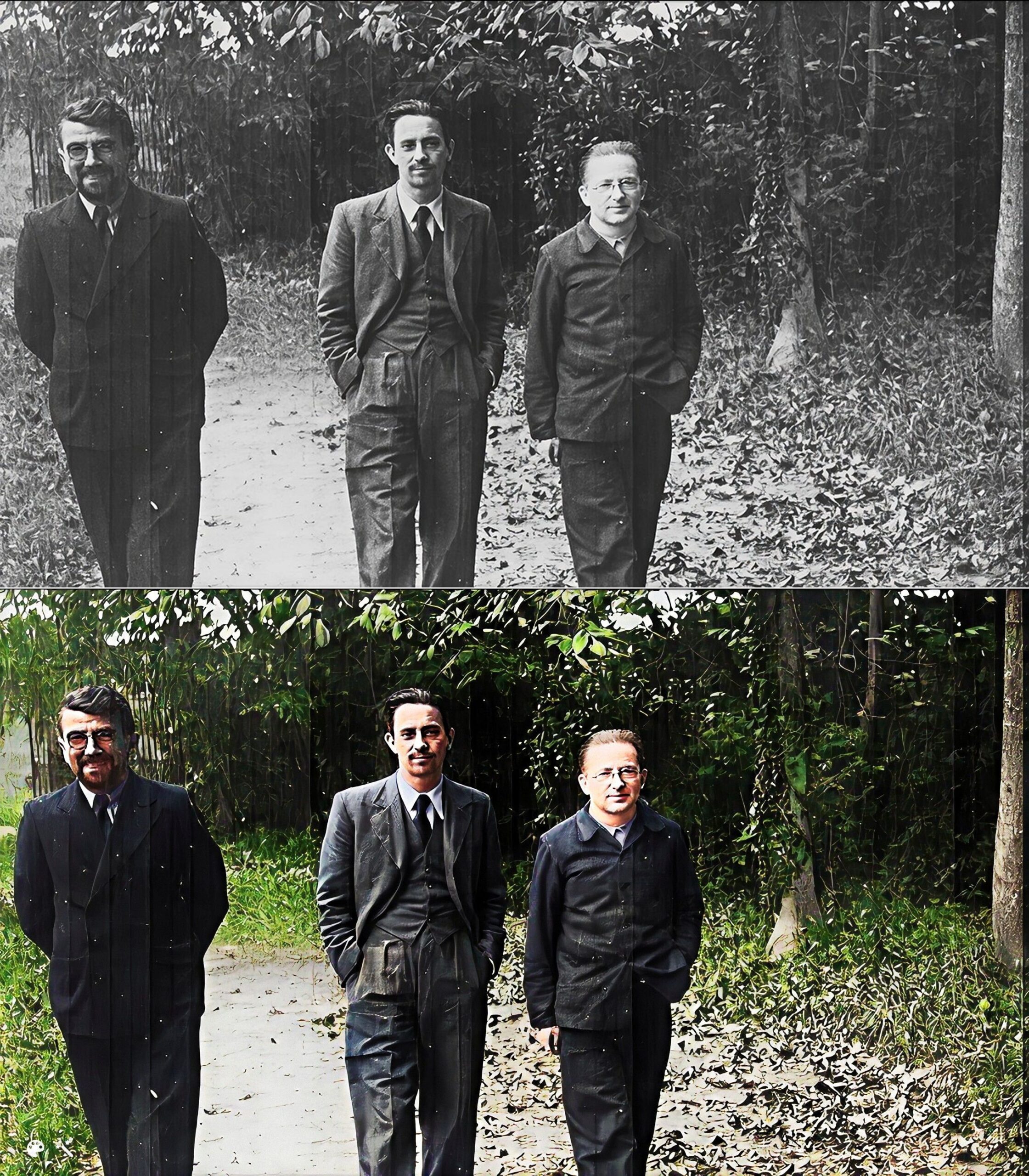 Henryk Zygalski po prawej stronie, Jerzy Różycki i Marian Rejewski w środku, w Centrum Bruno pod Paryżem, 1940 r. Zdjęcie na dole ulepszone i pokolorowane na MyHeritage