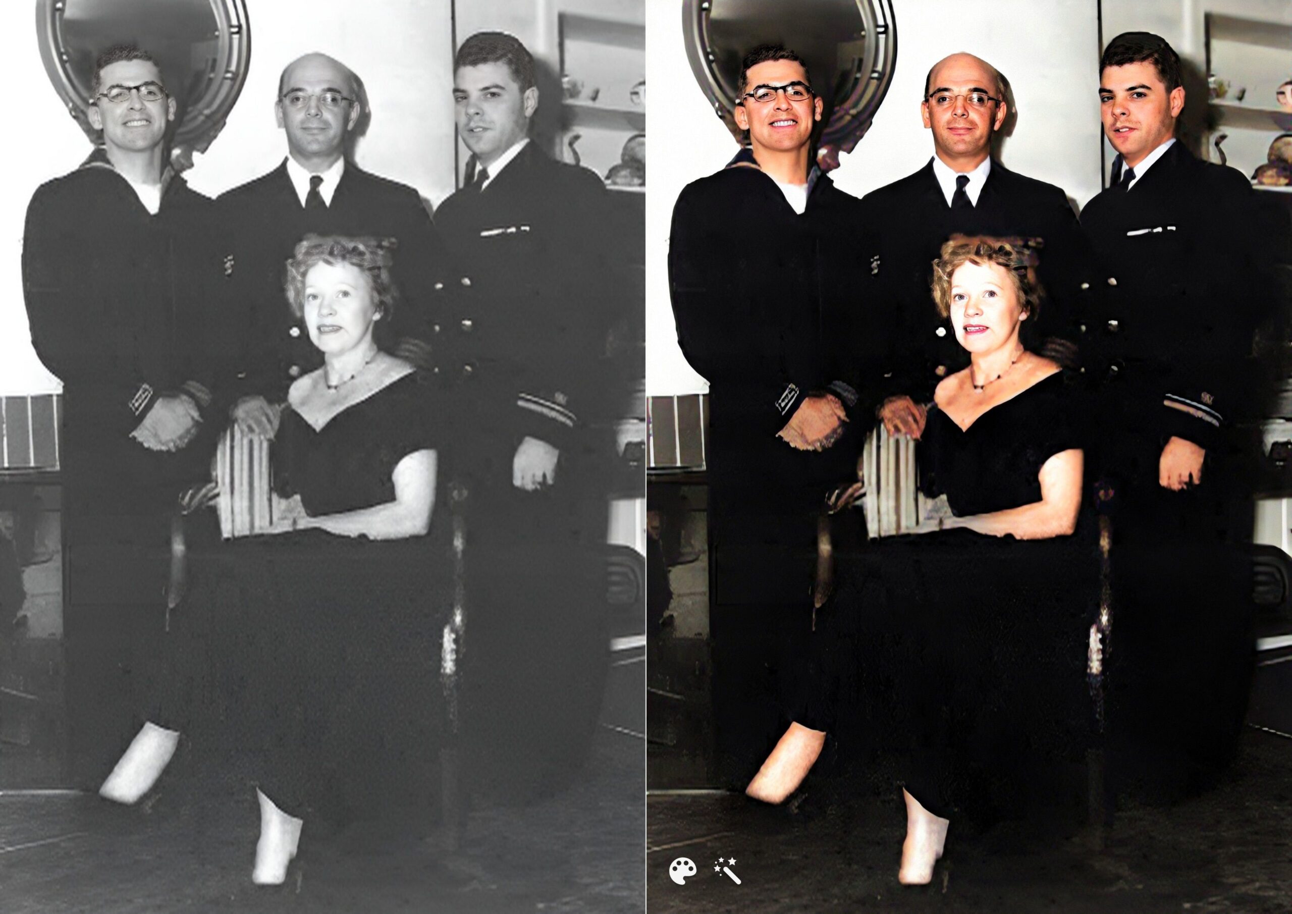 Leon „John” Jacobi Jr., biologiczny ojciec Andy'ego (skrajnie po prawej), wraz ze swoim ojcem Leonem Johnem Sr. (w środku), bratem George'em i matką DeVecmon Ramsay Jacobi. Zdjęcie pokolorowane i ulepszone na MyHeritage