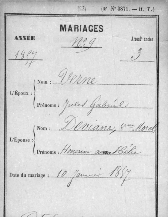 Akt małżeństwa Jules Verne i Honorine Anne Hébée Morel [Credit: MyHeritage France, Małżeństwa kościelne i cywilne].