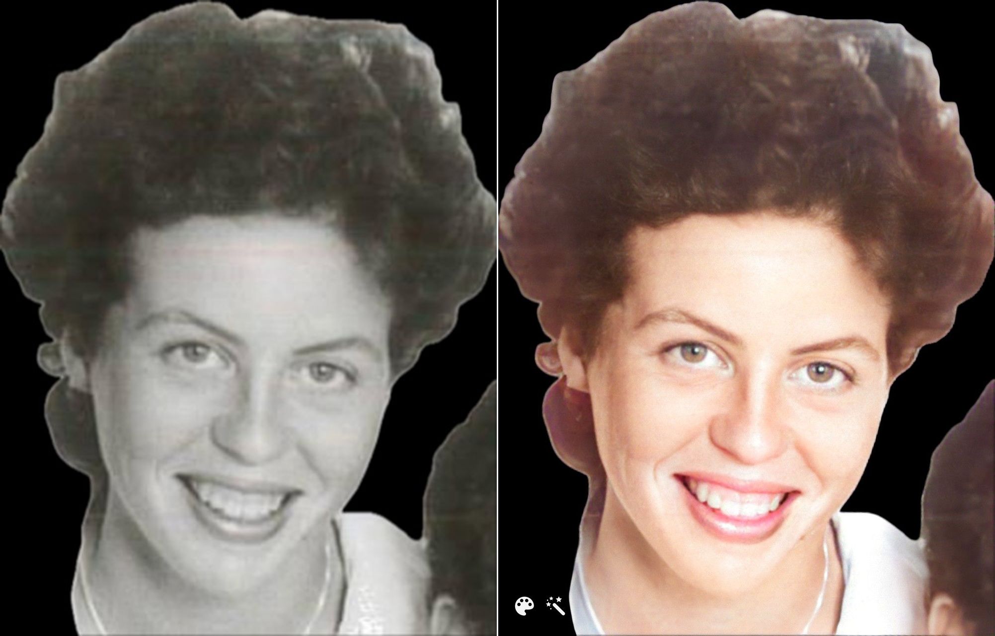 Siostra Petera, Virgina, w wieku 19 lat. Zdjęcie po prawej pokolorowane i ulepszone na MyHeritage