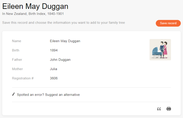 Rekord urodzenia Eileen Duggan [Credit: MyHeritage New Zealand, Birth Index, 1840-1901].