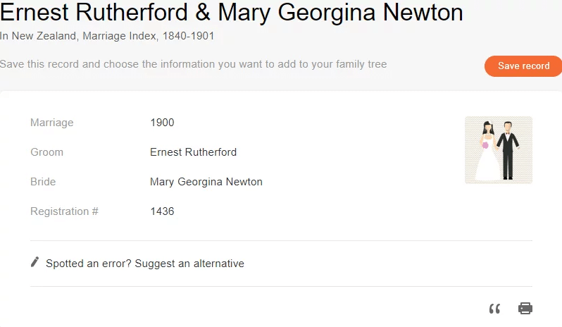 Akt małżeństwa Ernesta Rutherforda i Mary Georginy Newton [Credit: MyHeritage New Zealand, Marriage Index, 1840-1901].