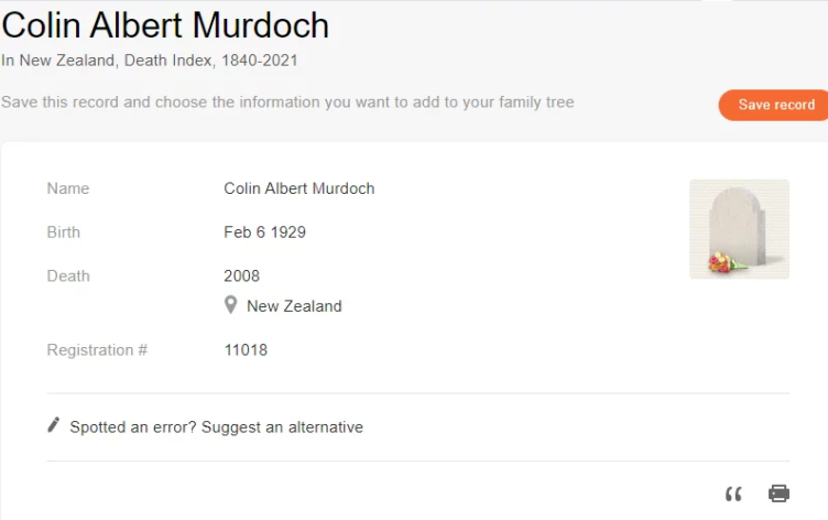 Akt zgonu Colina Alberta Murdocha [Credit: MyHeritage New Zealand, Death Index, 1840-2021].