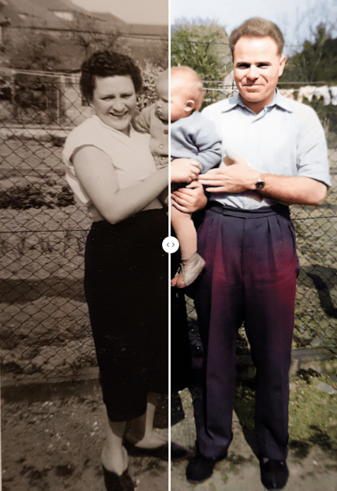 Mój dziadek z moim ojcem jako dziecko. Zdjęcie pokolorowane i poprawione przez MyHeritage