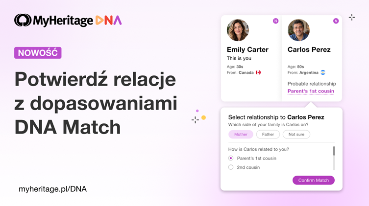 Nowość: Potwierdzaj pokrewieństwo ze swoimi dopasowaniami DNA na MyHeritage