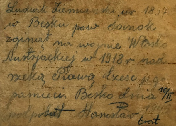 Opis fotografii wykonany na jej odwrocie przez mojego prapradziadka Stanisława Ziemiańskiego 10 lutego 1945 roku