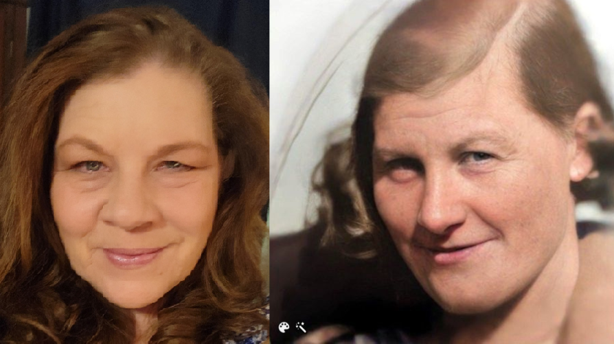 Patty (po lewej) i jej babcia od strony Ojca (po prawej, pokolorowane i ulepszone przez MyHeritage)