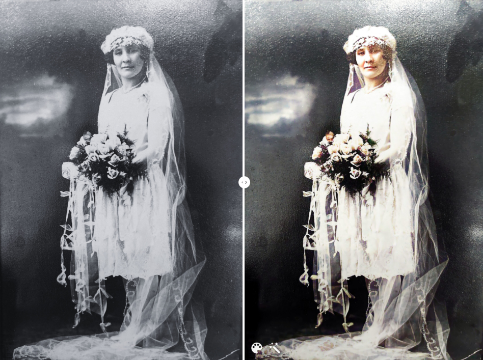 Babcia Becky. Zdjęcie po prawej ulepszone i pokolorowane na MyHeritage