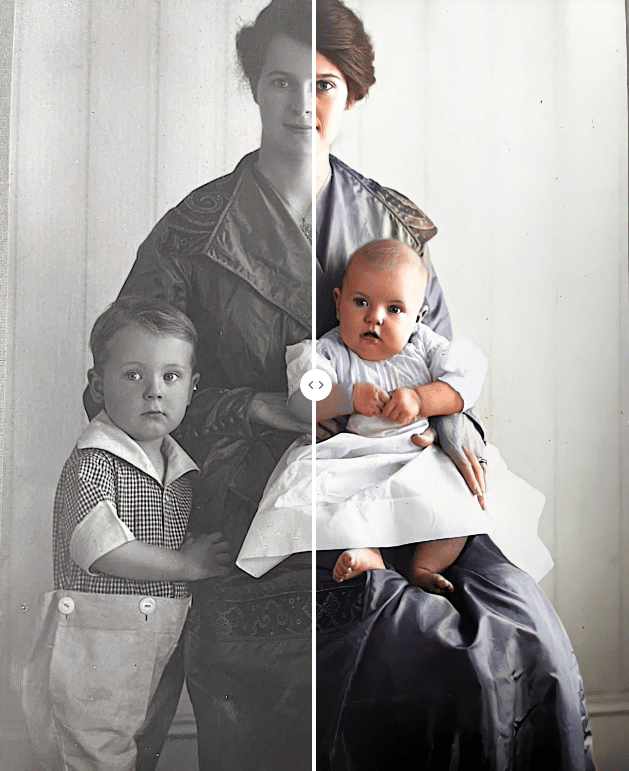 Babcia Sandy, Reba, z dziećmi w 1917 roku. Zdjęcie poprawione i pokolorowane przez MyHeritage.