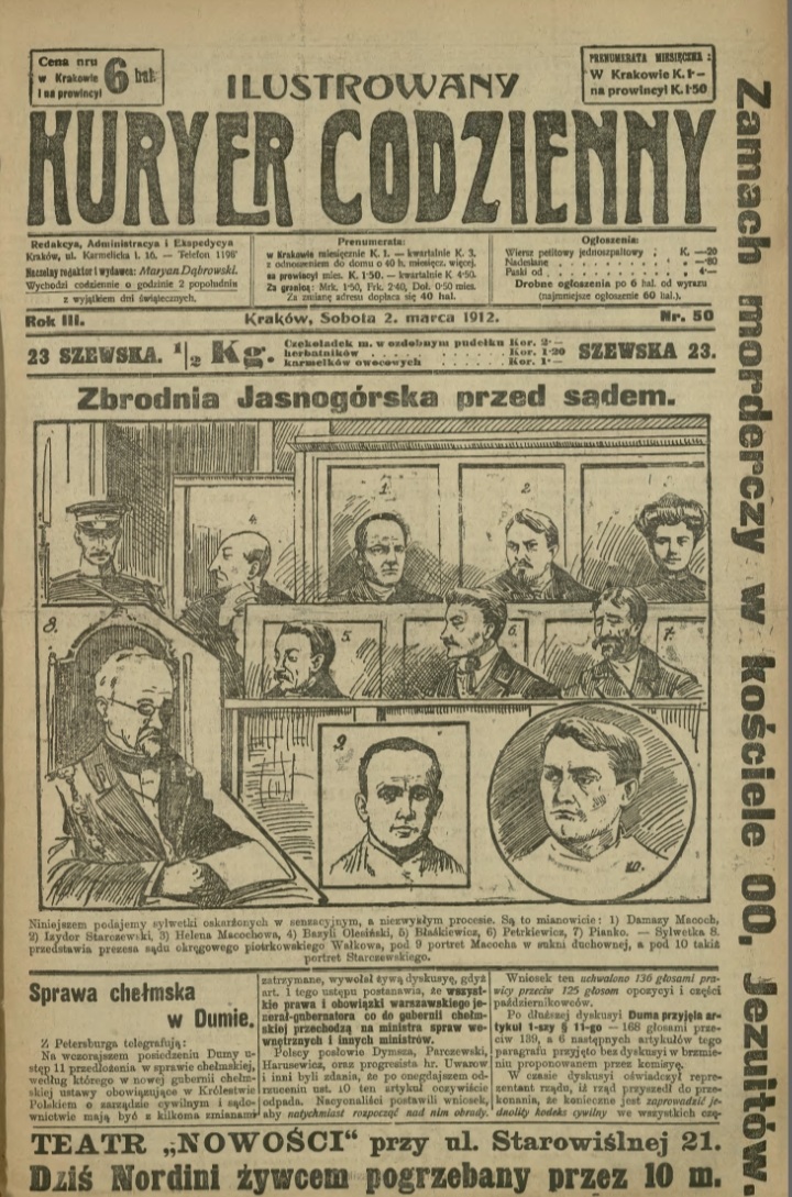 Strona tytułowa Krakowskiego Kuriera Codziennego który opisywał proces, główna grafika przedstawia portrety osób zamieszanych w sprawę.