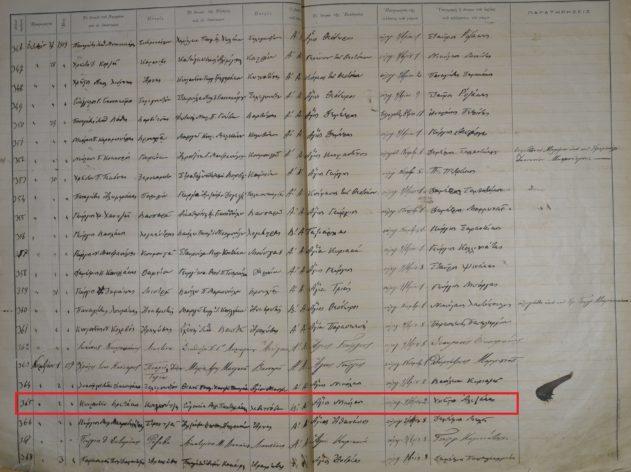 Zapis małżeństwa Konstantinosa Vretakosa i Eygeneia Panteleaki [MyHeritage Sparta Marriages Collection, 1835-1935]