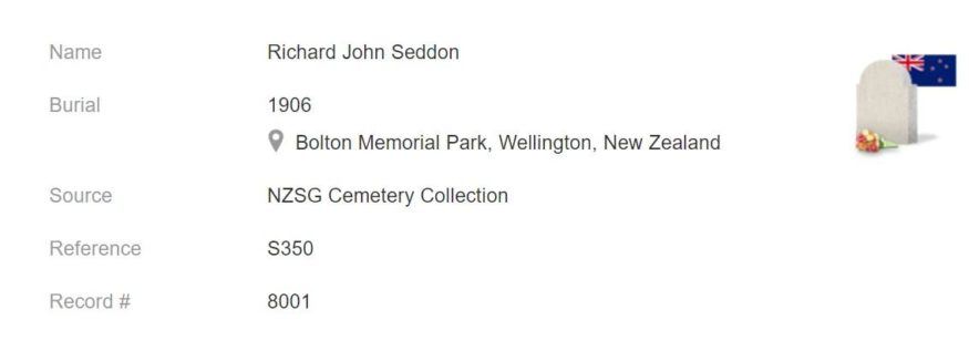 Rekord pogrzebowy Richarda Johna Seddona [Kredyt: MyHeritage New Zealand, Index of Burials, 1840-2008]