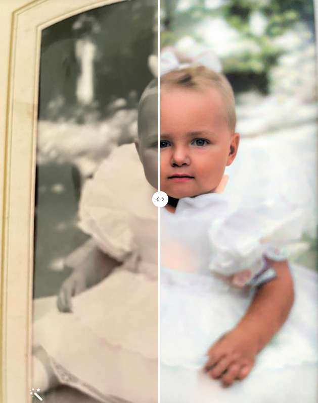 Susan w wieku 12 miesięcy. Zdjęcie ulepszone, skorygowane i pokolorowane przez MyHeritage, przed i po