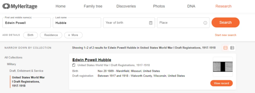 Wyniki wyszukiwania rekordów wojskowych dla Edwina Powella Hubble’a