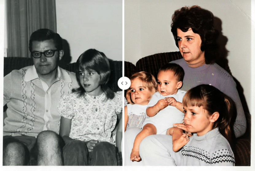 Kim osiedla się ze swoją nową rodziną adopcyjną. Zdjęcie pokolorowane i poprawione przez MyHeritage