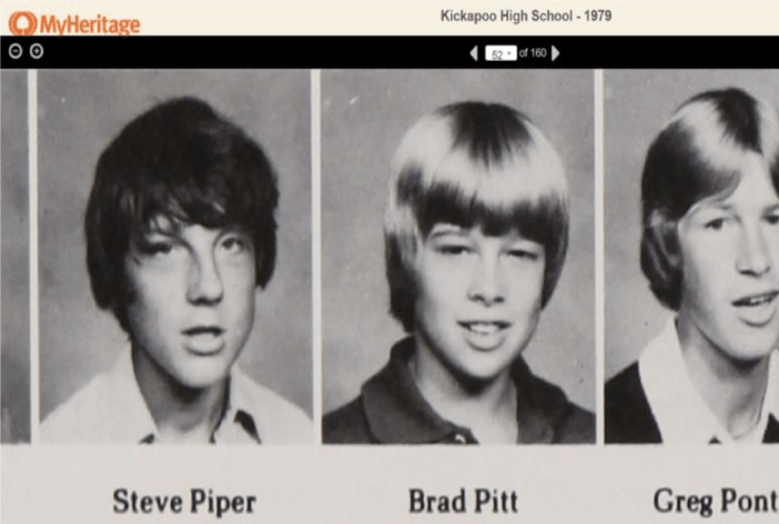 Brad Pitt rysunek pośrodku. Kickapoo High School Yearbook, 1979. Roczniki MyHeritage U. S. S. Yearbook, 1890-1979.