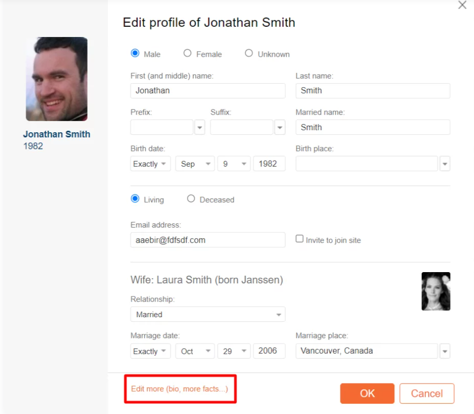 Dostęp do pełnej strony „Edytuj profil” (ang. Edit profile) na MyHeritage