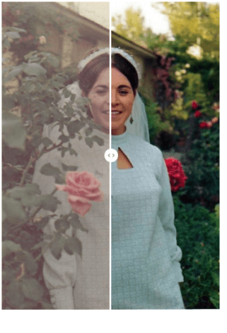 Po lewej: wyblakłe, kolorowe zdjęcie – panna młoda w dniu ślubu, kibuc Ramat Hashofet, Izrael, czerwiec 1968. Po prawej: odrestaurowany wynik kolorystyczny