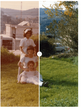 Po lewej: założyciel i dyrektor generalny MyHeritage, Gilad Japhet, w peruce i przebrany za pielęgniarkę na święto Purim, razem z siostrami w Jerozolimie, 1978. Po prawej: po przywróceniu kolorów, zdjęcie wygląda tak, jakby zostało zrobione wczoraj.