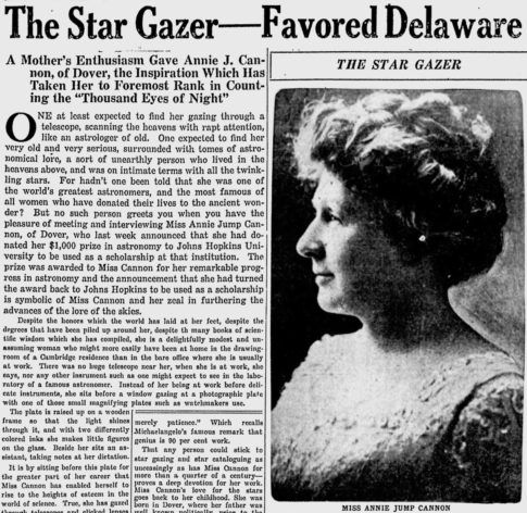 Artykuł o Annie J. Cannon z Delmarva Star, gazety Wilmington Delaware.