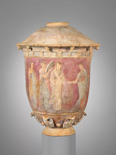 Terakotowa waza ze starożytnej Grecji z wyraźnie widocznymi malowanymi kolorami. (Źródło: Metropolitan Museum of Art)