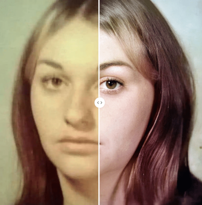 Angela w wieku 18 lat. Zdjęcie poprawione i pokolorowane przez MyHeritage