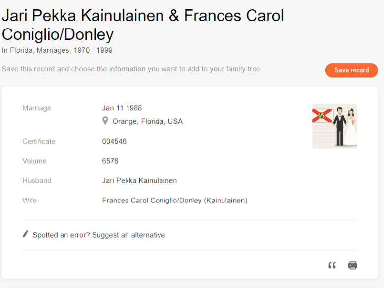 Jari Pekka Kainulainen i Frances Carol Coniglio/Donley z kolekcji MyHeritage’s Florida, Małżeństwa, 1970-1999