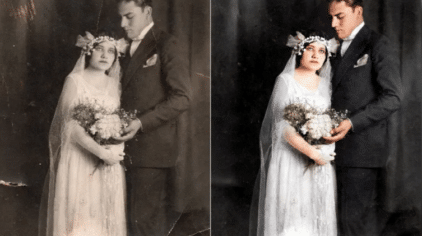 Przepiękny pomysł na podarunek odrestaurowanego i pokolorowanego zdjęcia ślubnego na MyHeritage