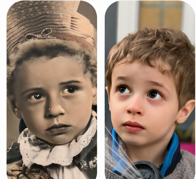 Po lewej: Gershon Feder jako małe dziecko; po prawej: David Feder w tym samym wyrazie twarzy