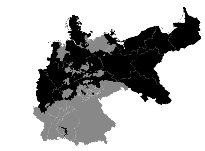 Mapa Cesarstwa Niemieckiego w latach 1871-1918. Obszary zaznaczone kolorem czarnym znajdowały się pod bezpośrednim panowaniem pruskim, natomiast obszary zaznaczone kolorem szarym były niezależne.