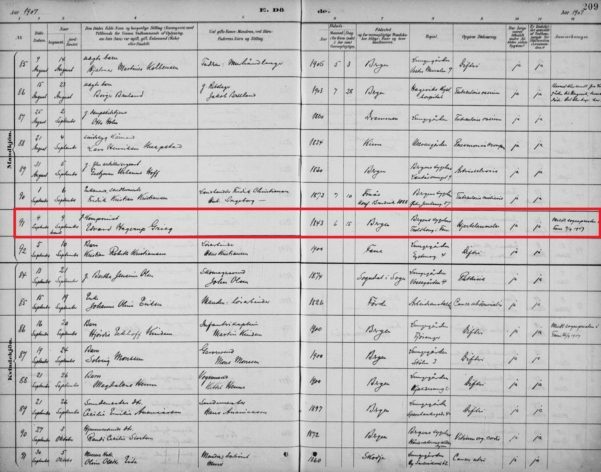 Akta pochówku Edvarda Griega, 1907. [Credit: MyHeritage Norway Church Records, 1815-1938]
