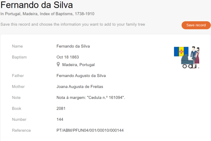 Zapis chrztu Fernanda da Silvy [MyHeritage: Portugalia, Madera, Index of Baptisms, 1738-1910]