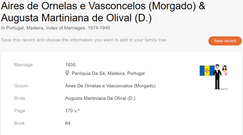 Akt małżeństwa Aires de Ornelas e Vasconcelos & Augusta Martiniana de Olival [MyHeritage Portugal, Madera, Index of Marriages, 1574-1940].