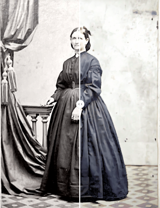 Praprababka Sandy, Margaret. Carte de visite z 1869 roku. Urodzona jako Miller, wyszła za mąż 3 razy. Zdjęcie poprawione i pokolorowane przez MyHeritage.